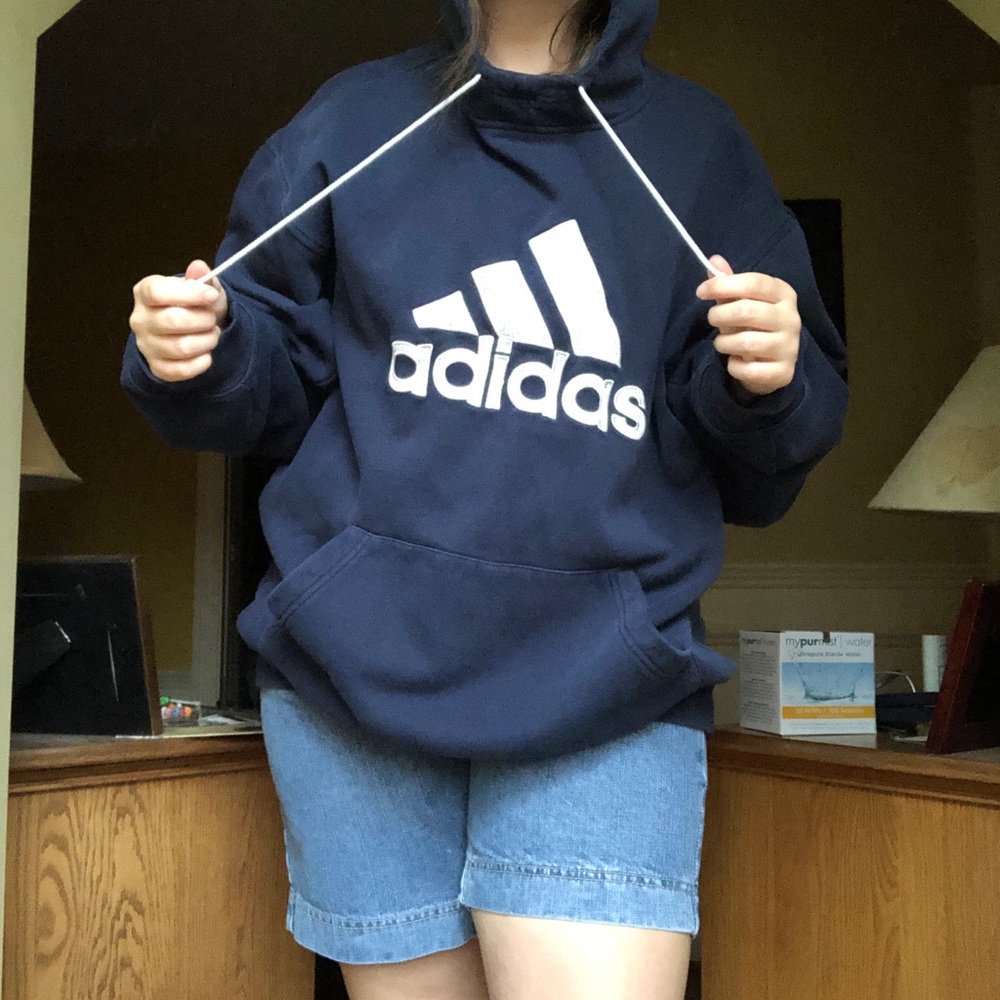 adidas navy blue hoodie with logo front
